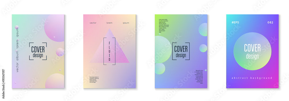 Cover fluid set with round shapes. Gradient circles on holographic background. Modern hipster template for placards, banners, flyers, report, brochure. Minimal cover fluid in vibrant neon colors.