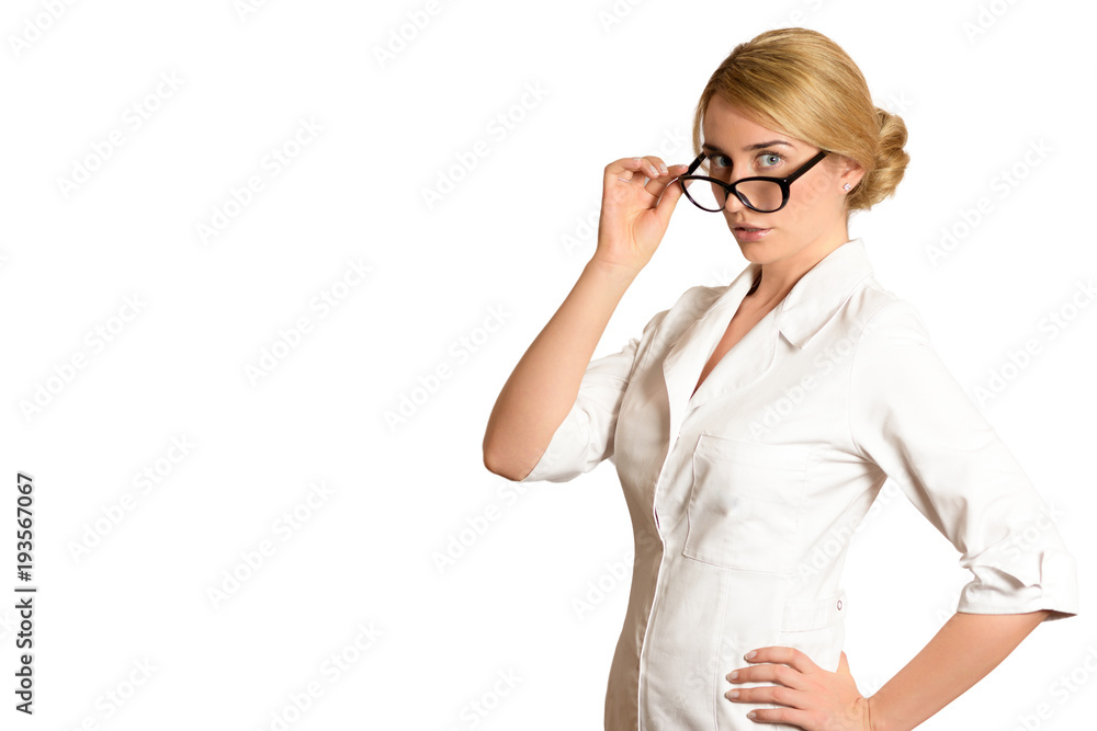 Woman doctor looking through glasses isolated on white backgrounds Woman doctor looking through glasses isolated on white backgrounds