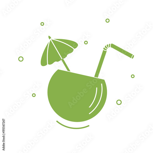 Stylized icon of the cocktail in half coconut, tube and umbrella. Travel and leisure.