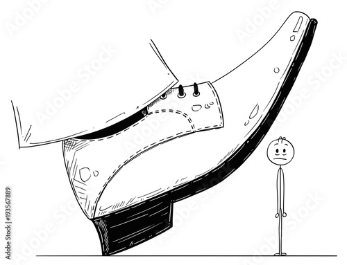 Cartoon stick man drawing conceptual illustration of large foot in shoe ready to step down on businessman. Business concept of pressure and competition.