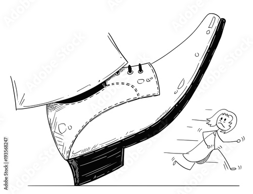 Cartoon stick man drawing conceptual illustration of large foot in shoe ready to step down on running woman or businesswoman. Business concept of pressure and competition.