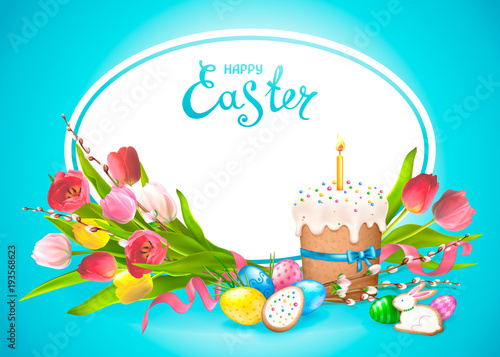Easter composition with realistic glossy eggs, cookies in the form of eggs and Bunny and Easter cake with candle. Bouquet of flowers tulips with willow twigs. Inscription Happy Easter in a ellipse