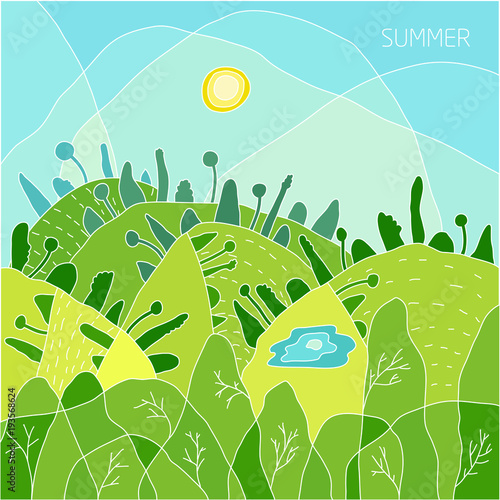 Summer landscape of nature, sunny day in a green forest. The sun is in the blue sky, the green trees on the hills and the lake. Illustration