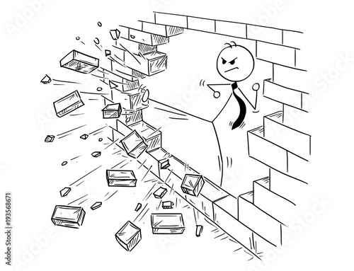 Cartoon stick man drawing conceptual illustration of businessman doing kung fu or karate kick to destroy the brick wall. Business concept of obstacle and solution.
