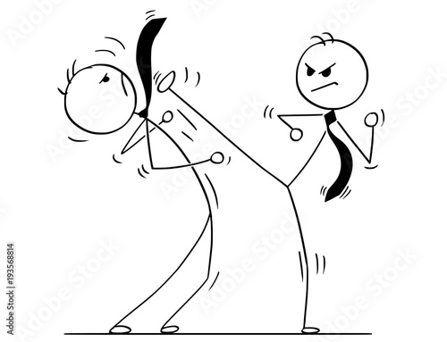 Cartoon stick man drawing conceptual illustration of two businessmen kung fu or karate fighting. Business concept of competition and rivalry.