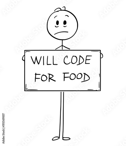 Cartoon stick man drawing conceptual illustration of sad hungry unemployed man or businessman holding large will code for food sign.