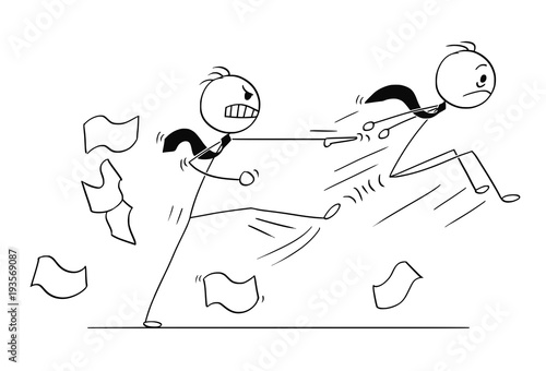 Cartoon stick man drawing conceptual illustration of Businessman fired or kicked out of the job by angry boss or manager. Business concept of employment and career.