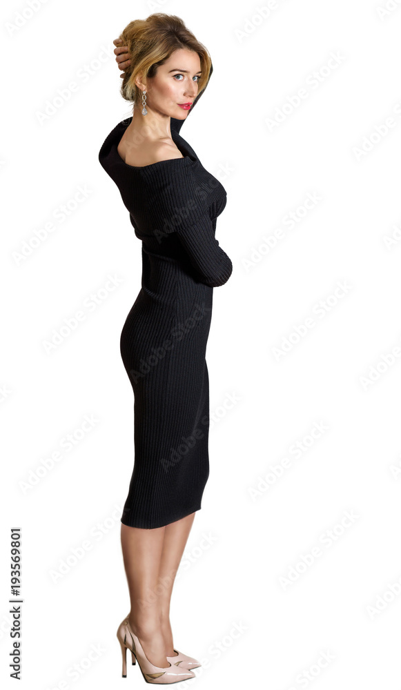 Elegant Girl in a Black Classic style dress vertical portrait isolated on white backgrounds Elegant Girl in a Black Classic style dress vertical portrait isolated on white backgrounds