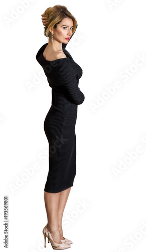 Elegant Girl in a Black Classic style dress vertical portrait isolated on whi...