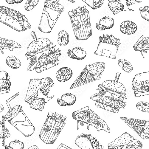 Seamless vector sketch background  retro illustration. Wallpaper  backdrop  texture  pattern. Template for menu  packaging  advertising  web design  printing. hand drawn fast food.