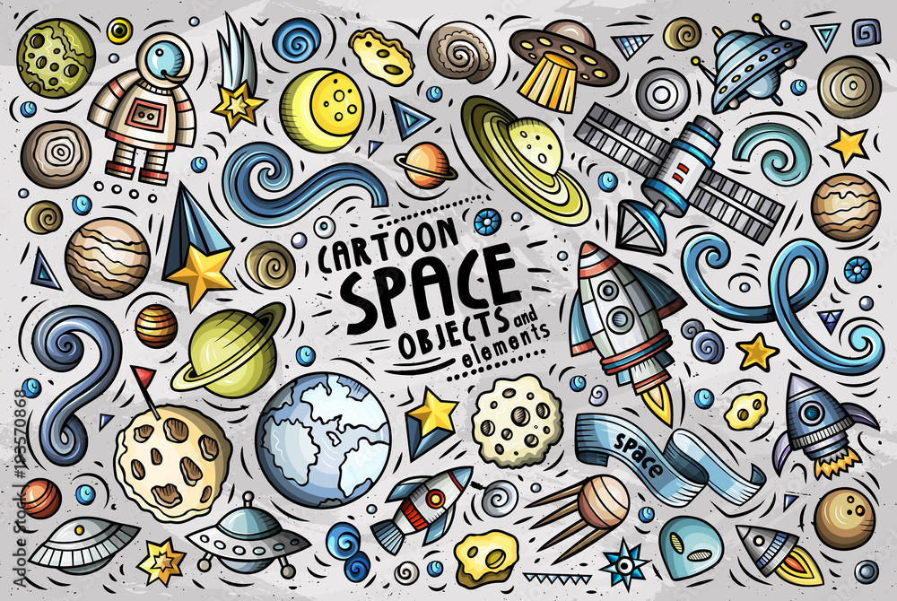 Naklejka premium Doodle cartoon set of SPACE theme objects and symbols