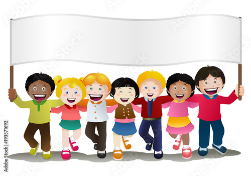 kids holding banner flag on isolated