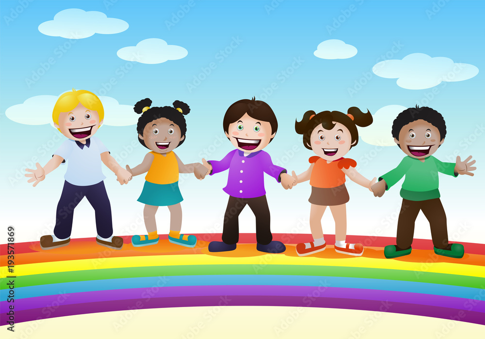 happy kids on top of rainbow bridge