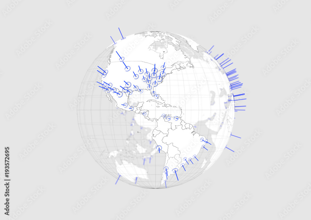 White world globe Americas map 3D illustration with blue graphic cities on white background with. White world globe Americas map 3D illustration with blue graphic cities on white background with.