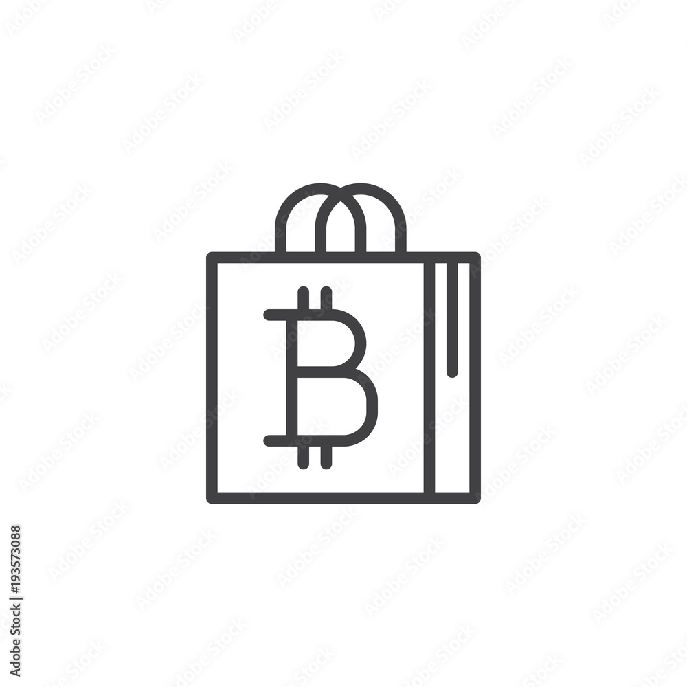 Bitcoin shopping bag outline icon. linear style sign for mobile concept and web design. Bitcoin accepted shop simple line vector icon. Symbol, logo illustration. Pixel perfect vector graphics Bitcoin shopping bag outline icon. linear style sign for mobile concept and web design. Bitcoin accepted shop simple line vector icon. Symbol, logo illustration. Pixel perfect vector graphics