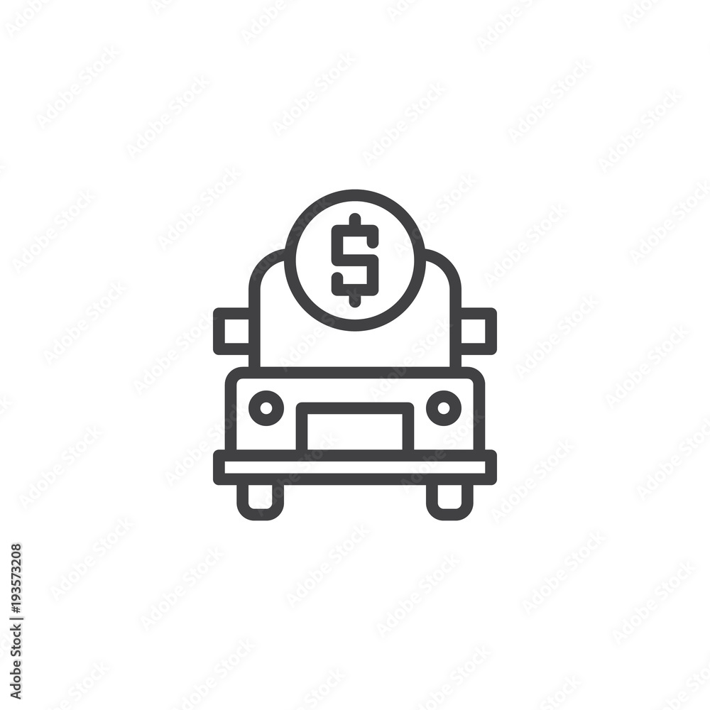 Car with dollar coin outline icon. linear style sign for mobile concept and web design. Cash collection car simple line vector icon. Symbol, logo illustration. Car with dollar coin outline icon. linear style sign for mobile concept and web design. Cash collection car simple line vector icon. Symbol, logo illustration.