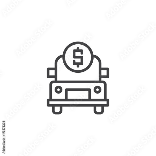 Car with dollar coin outline icon. linear style sign for mobile concept and web design. Cash collection car simple line vector icon. Symbol, logo illustration.
