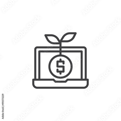 Laptop with growing money outline icon. linear style sign for mobile concept and web design. Money tree on notebook simple line vector icon. Symbol, logo illustration.