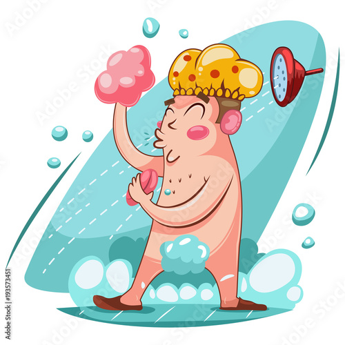 Happy man washes in the shower with foam. Vector cartoon illustration isolated on white background.