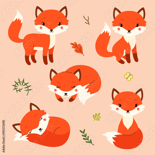 Set of cute cartoon foxes in modern simple flat style.