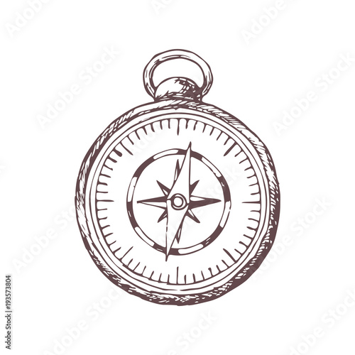 Compass for camping tourism, cartoon sketch illustration of travel equipment. Vector