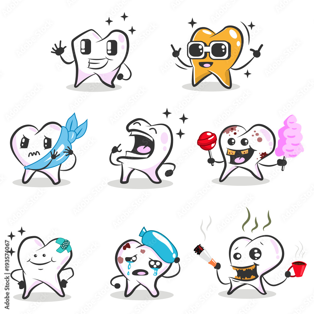 Obraz premium Cute tooth cartoon vector character. Medical illustration for dental. Oral hygiene icons.
