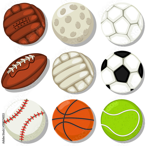 Different sport balls vector cartoon icons set. Basketball, soccer, rugby, tennis, baseball, golf, football, volleyball.