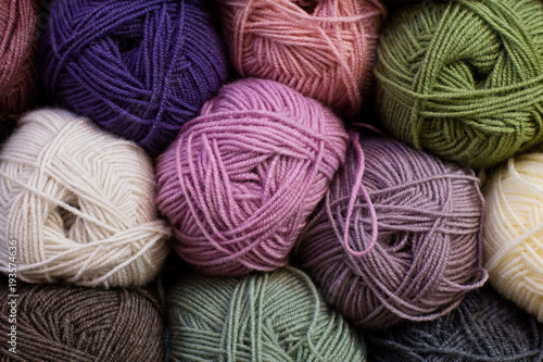 Knitting pattern of colorful yarn wool on shopfront