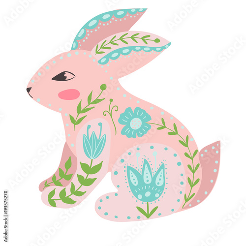 Illustration with rabbit and flowers in a Scandinavian style. Folk art.