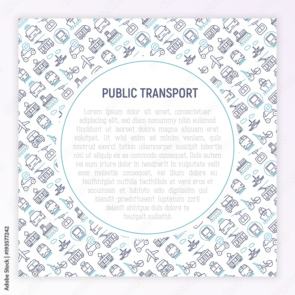 Public transport concept with thin line icons: train, bus, taxi, ship, ferry, trolleybus, tram, car sharing. Front and side view. Modern vector illustration for banner, web page, print media. Public transport concept with thin line icons: train, bus, taxi, ship, ferry, trolleybus, tram, car sharing. Front and side view. Modern vector illustration for banner, web page, print media.
