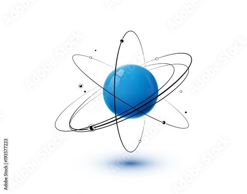 Atom with blue core, orbits and electrons isolated on white background