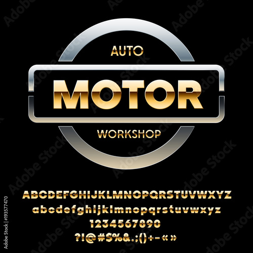 Vector silver emblem Auto Motor Workshop. Set of Golden Alphabet Letters, Numbers and Punctuation Symbols