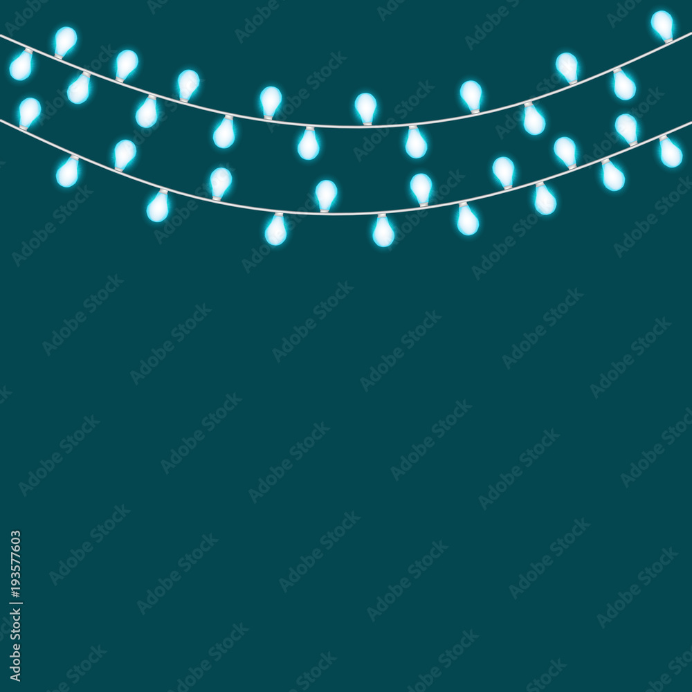 Bright blue Christmas lights isolated realistic design elements. Glowing lights for Party, Holiday, New Year, birthday or greeting card design. Garlands, Christmas decorations. Template or mock up