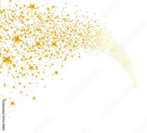 Falling golden stars, dust. Shooting star with rounded trail isolated on white