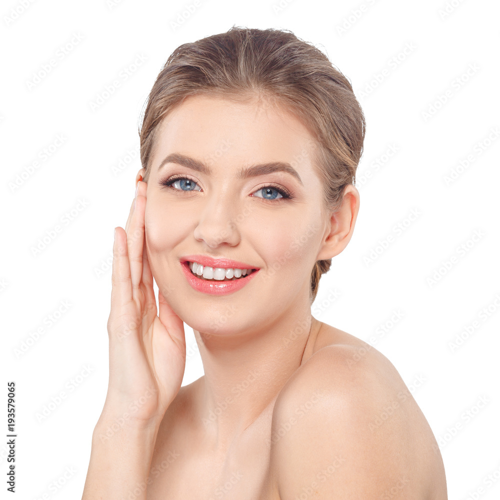 Young beautiful woman face portrait with healthy skin.