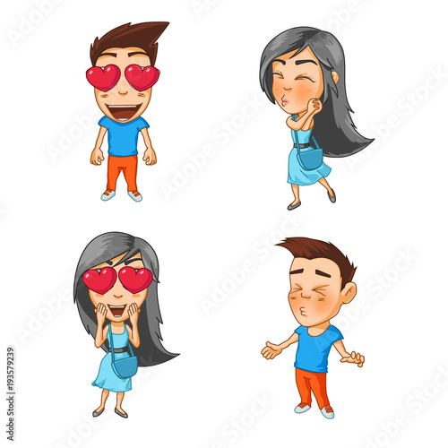 Girl and boy are in love, hearts in the eyes, send an air kiss