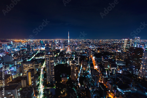 Aerial view of Tokyo Tower at night in Japan