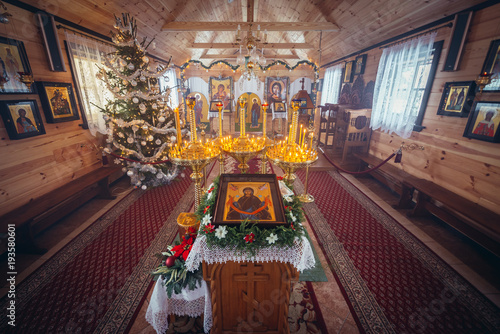 Interior of church in Orthodox skete of St Anthony and Theodosius of Kiev Caves in Ordynki, small village in Poland photo