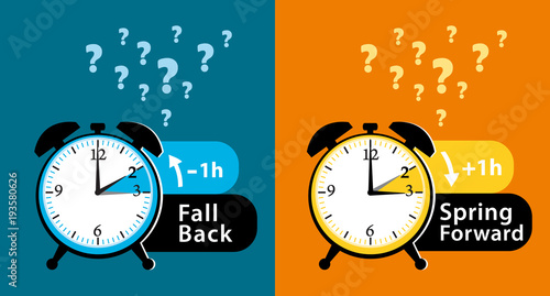 Daylight saving time date question. Colorful fall back and spring forward alarm clocks set. Colorful vector illustration.