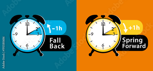 Obraz na płótnie Daylight saving time. Summer fall back and spring forward alarm clocks set. Colorful vector illustration. w salonie