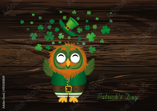 A happy owl with a beard in a suit and hat on St. Patrick's day  photo