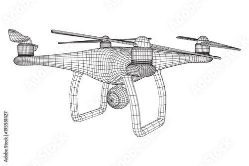 Remote control air drone. Dron flying with action video camera. Wireframe low poly mesh vector illustration