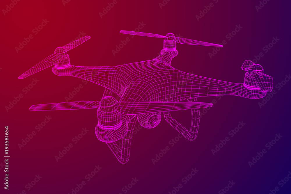 Remote control air drone. Dron flying with action video camera. Wireframe low poly mesh vector illustration Remote control air drone. Dron flying with action video camera. Wireframe low poly mesh vector illustration