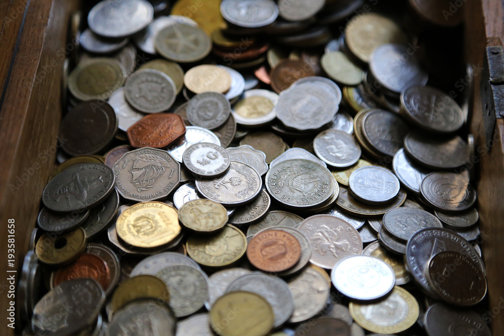 Coins mixed collection, gathered in a wooden box. Coins mixed collection, gathered in a wooden box.