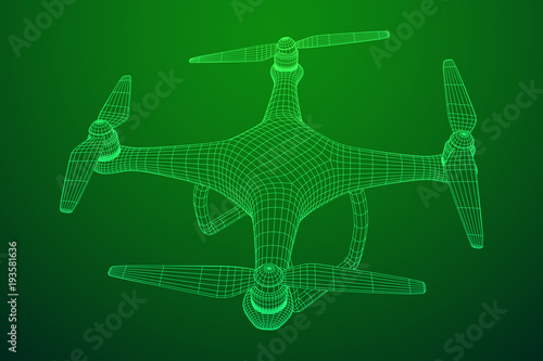 Remote control air drone. Dron flying with action video camera. Wireframe low poly mesh vector illustration