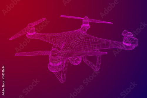Remote control air drone. Dron flying with action video camera. Wireframe low poly mesh vector illustration