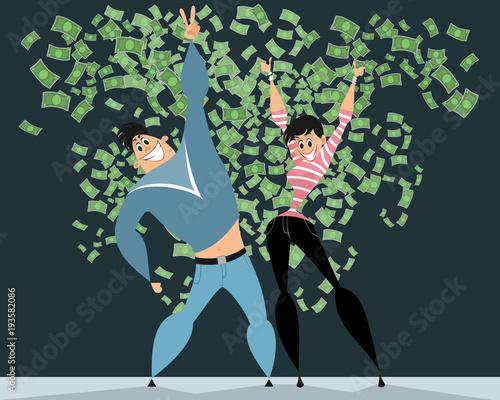 Couple in rain of money