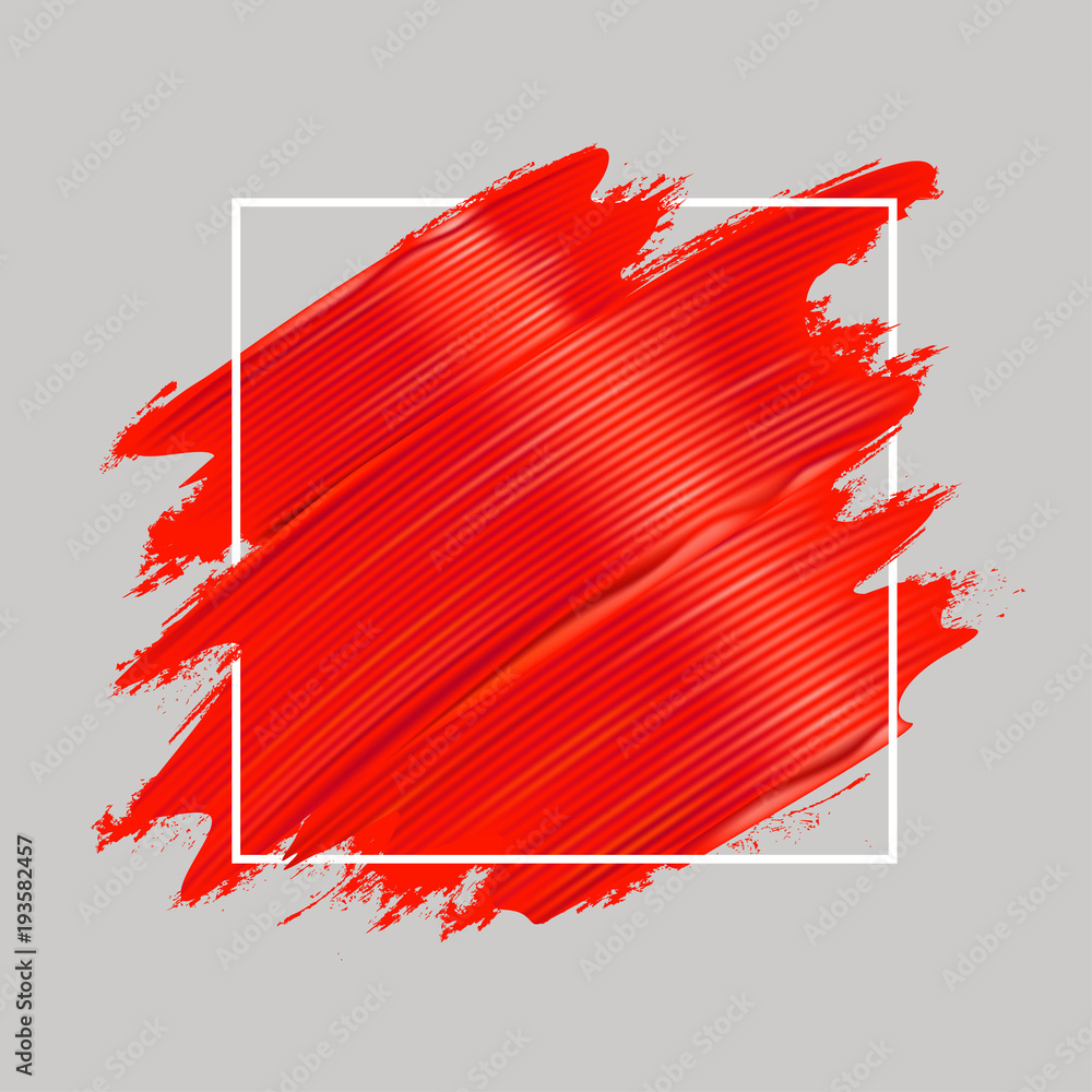 Red oil paint brushstrokes and square frame. Realistic painting texture