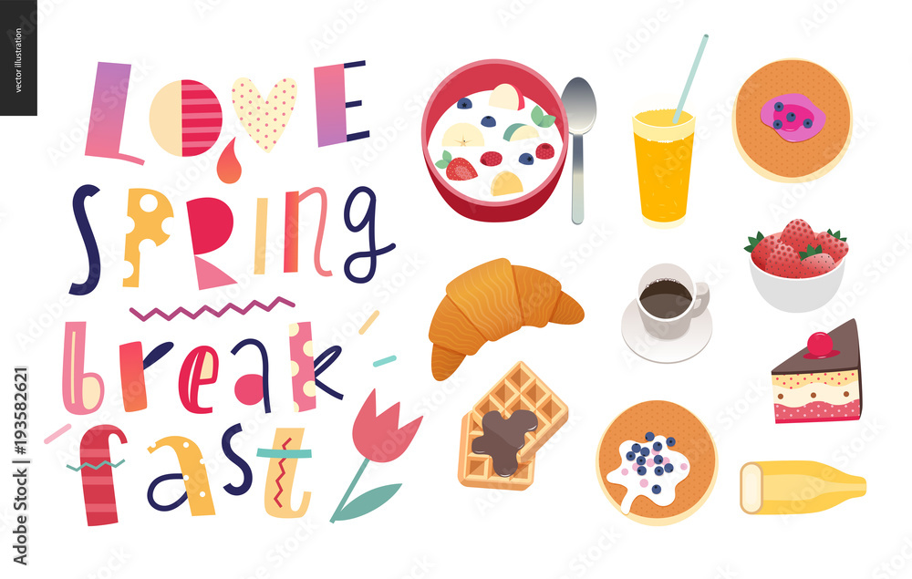 Love, spring, breakfast Lettering composition and a set of breakfast meal