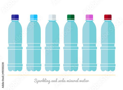 Set of bottles with mineral water in the flat style.